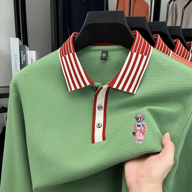 Luxury Men's New High-Quality Long Sleeved Polo Shirt Striped Collar Brand Embroidered T-Shirt Waffle Autumn Men's Clothing Top