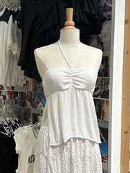 White Drawstring Strapless Crop Top Women Summer Side Split Slim Cropped Camisole Vintage Streetwear Sweet Tank Tops Y2k Camis