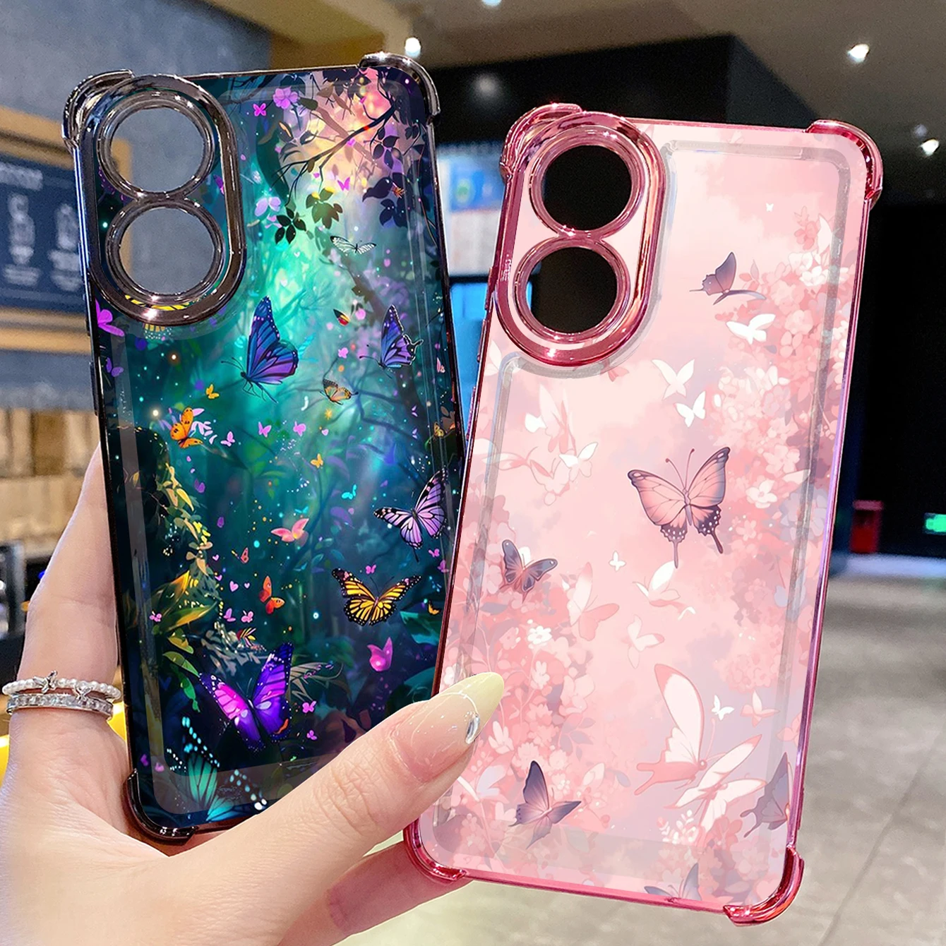 for OPPO A3X A2 Pro A40 A60 A18 A38 A17 A16 A57 A77 4G A78 A58 5G Butterfly Flower Clear Plating Case Anti Drop Cover