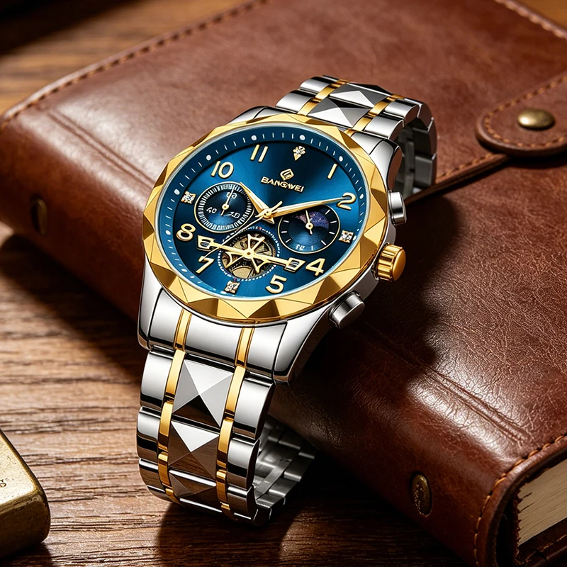 BANGWEI LIGE Original Design Man Watch Casual Classic Stainless Steel Luxury Waterproof Luminous Moon Phases Quartz Watches Male