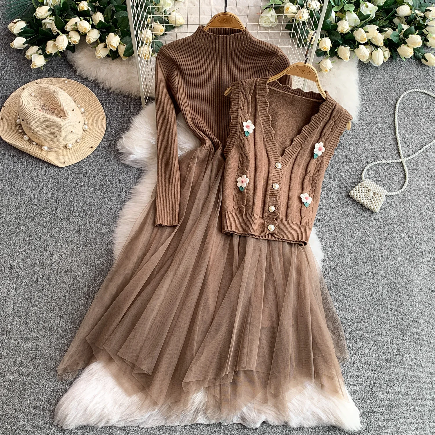 

Sexy chic Half high collar Spliced mesh slim Knit A-line dress Chic Vintage Women Casual women clothing Two Piece Set