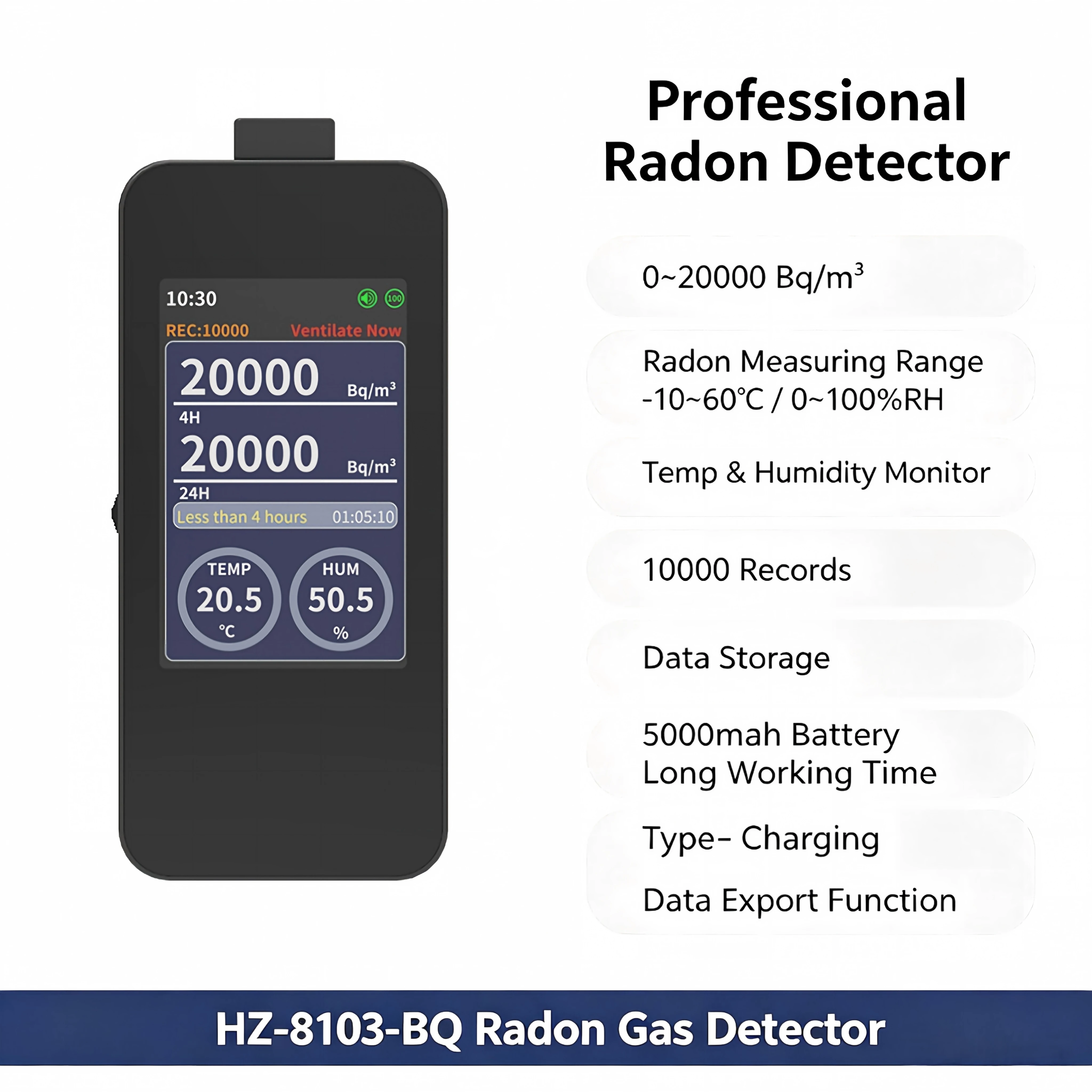 Radon Detector 20000Bq/m3 10000 Data Log & Export No App Needed 5000mAh Battery Indoor Home Safety Monitor for Basement