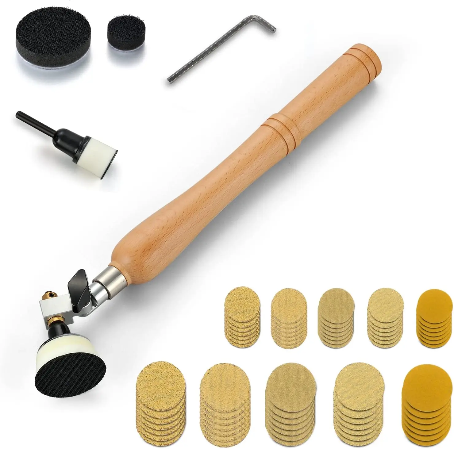 

55PCS 1" & 2Inch Bowl Sander Kit, with Hook & Loop Sanding Discs and Interface Pads,13Inch Long Hardwood Handle for Woodworking