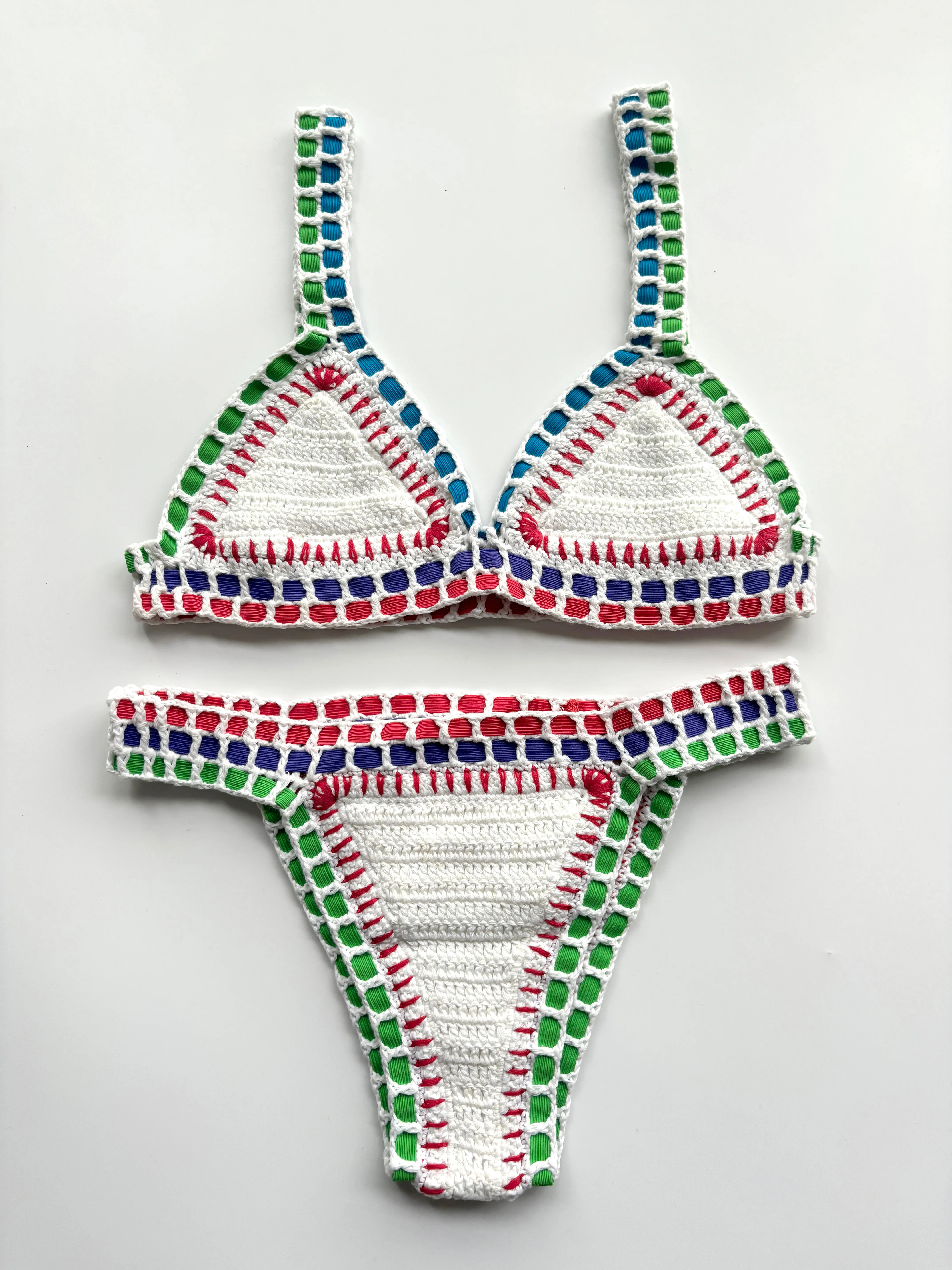Summer vacation beach outfit, hand woven beige bikini set, sexy cotton women's swimsuit, poolside outfit