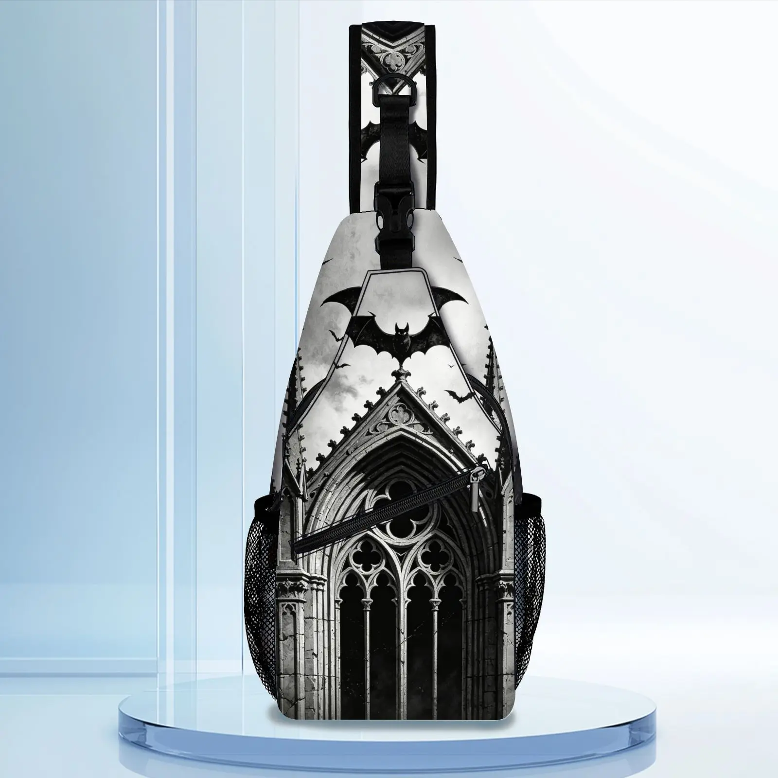 

1pc Black White Gothic Church Bat Print Sling Chest Bag, Adjustable Strap Crossbody Backpack for Goth & Halloween Style Fans