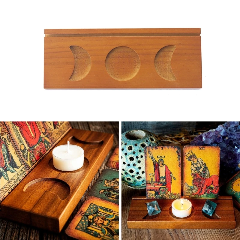 Tarot Card Holder Playing Deck Display Stand with Triple Moon Phases Symbol Witch Divination Wooden Tarot Reading Tray