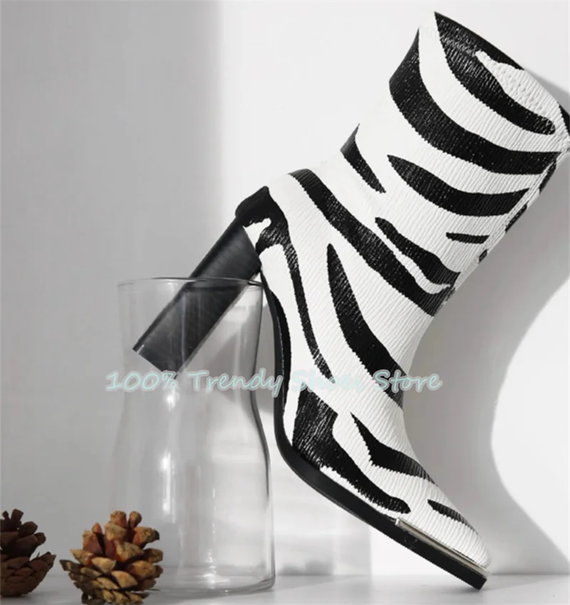 

Mixed Color Zebra Stripes Metal Square Toe Strecth Boots for Women High Top Chunky Heel Mid-Calf Boots Ladies Party Dress Shoes