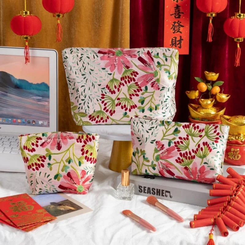 3Pcs/Set Vintage Floral Makeup Bag Travel Cosmetic Organizer Women Large Capacity Skincare Pouch Portable Wash Toiletry Bag