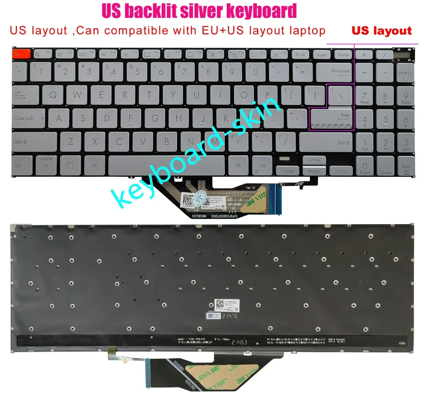 New silver US Backlit No-Palmrest Keyboard For ASUS K5602 S5602 S5602ZA M5602 X5602 K3502 K3502ZA S3502 M3502 M3502Z M3502Q