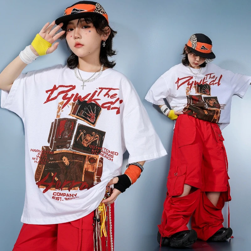 

Boys Hip Hop Clothes Set Cool Jazz Street Dance Costume White T Shirt Red Pants Outfit Group Ballroom Stage Performance Clothing