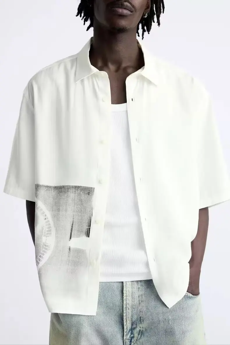 

Summer 2024 Men's Casual Printed White ort Sve Workwear Sle irt Loose Fit Regular Thin Square Collar Pure Color