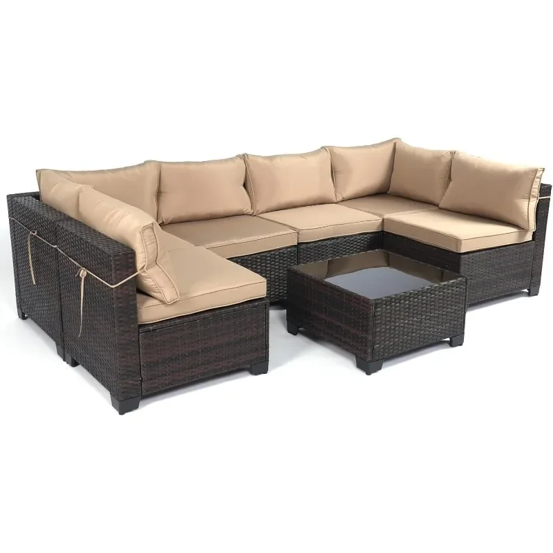 Outdoor Patio Furniture Sets,Rattan Conversation Sectional Set,Manual Weaving Wicker Patio Sofa with Tea Table