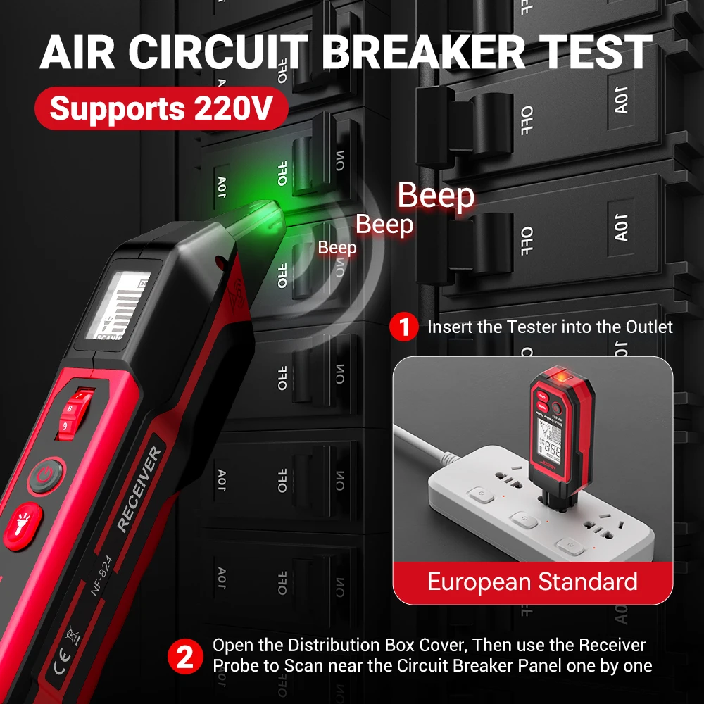 NOYAFA NF-824 Digital Circuit Breaker Finder 220V Automatic Circuit Switch Tester GFCI Outlet Tester Fuse Socket Tester