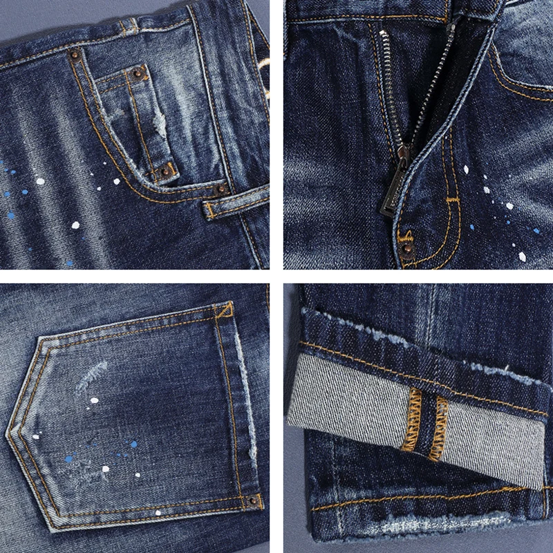 Y2K new men's jeans, scratch painted, washed, nostalgic, stretchy, slim fit, blue jeans, high street designer, hip-hop b