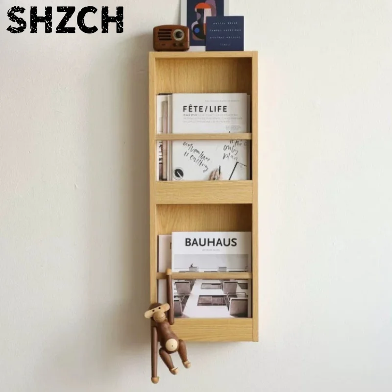 Modern Minimalist Wall Mounted Bookshelf, Solid Wood Magazine Rack for Living Room, Space-Saving Home Decor for Background Wall