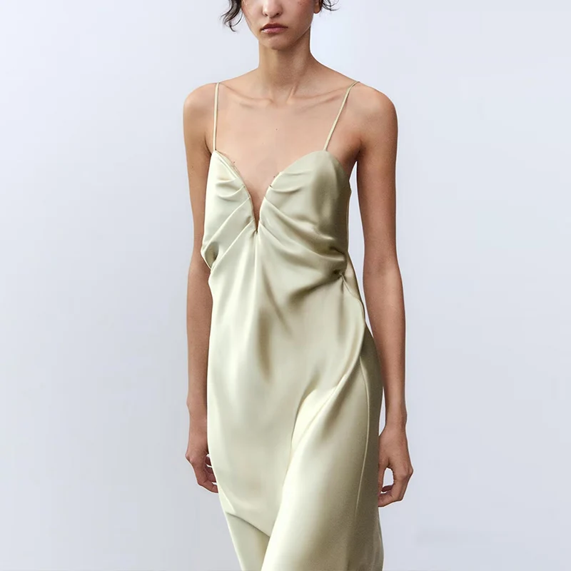 스트리트 스타일 하트 칼라 실크 새틴 미디 드레스 여성 패션 2025 봄 자다타 원피스 드레스 폴리에스터 섬유 00%