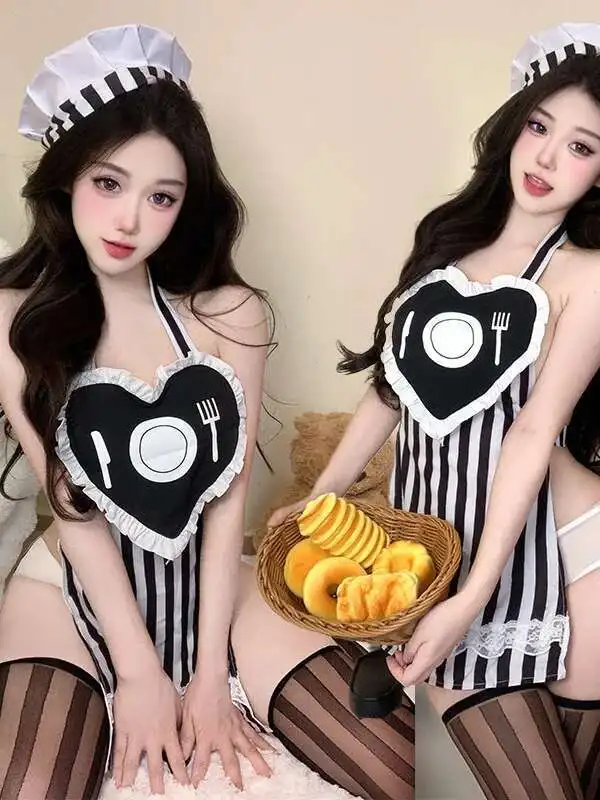 新しい女性 2025 セクシーなぶら下げネックバックレスレースカラーブロッキングメイド制服ドレス + ローウエスト超薄型パンツセット 1MKU