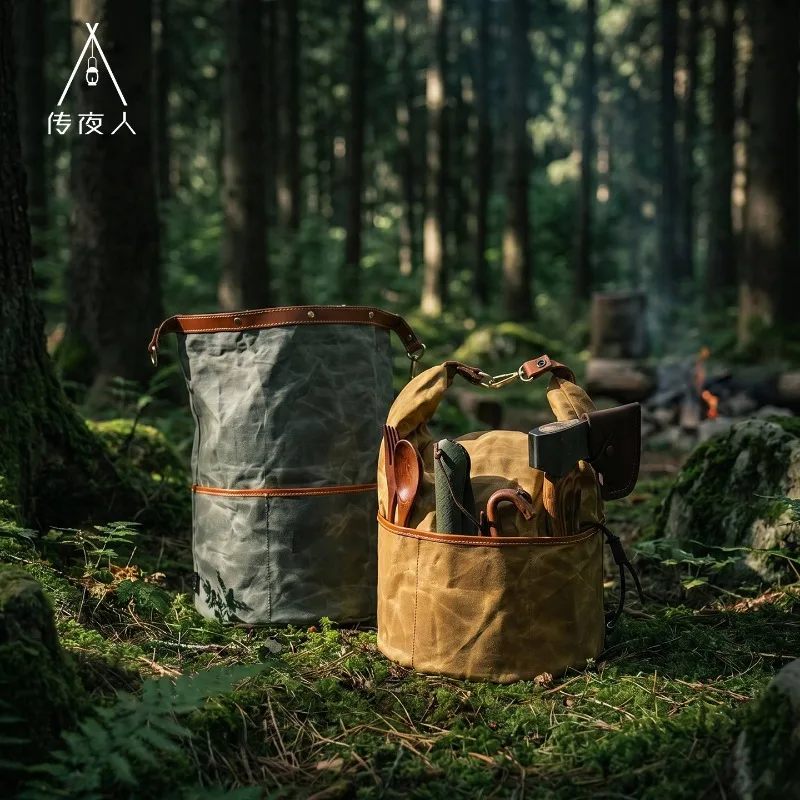 Bushcraft Camping Storage Bag Waxed Canvas Tool Pouch with Genuine Leather Trim Waterproof for Outdoor Cookware Gear Organizer