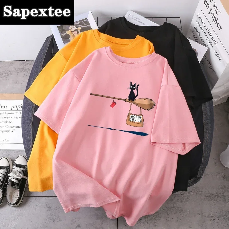 Magic Broom Cat Harajuku T Shirts Women Fashion Short Sleeve Summer T-shirts Black Outdoor Bodybuilding Tees Tops Poleras Female