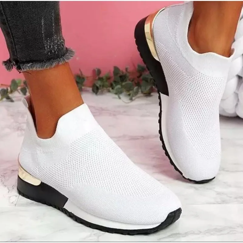 Sapatos baixos com sola grossa para mulheres, sapatos de malha casual para senhoras, tênis de malha respirável para viagens ao ar livre, confortável e elegante, meia nova