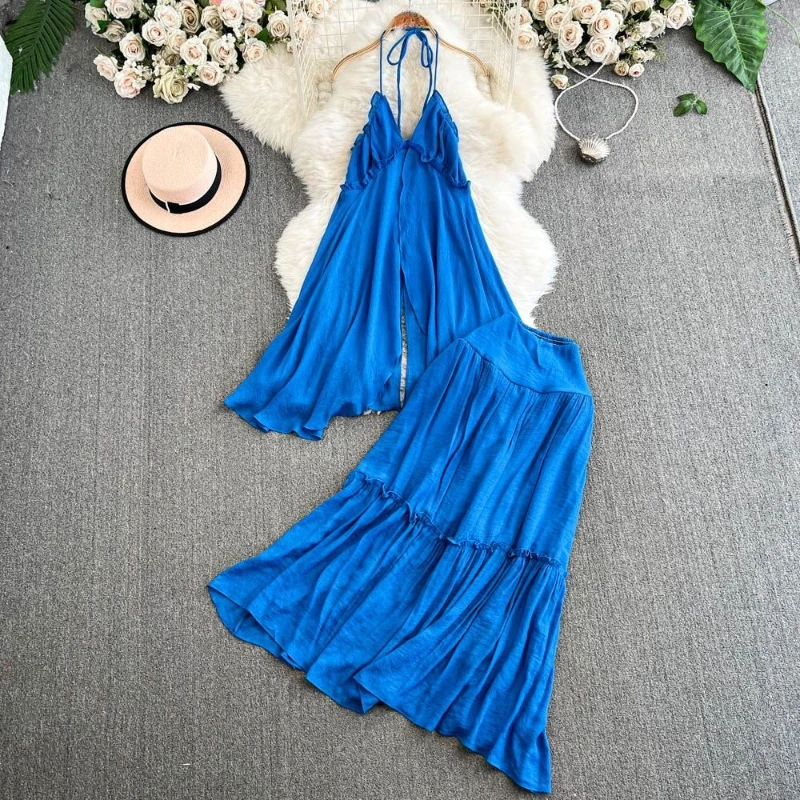 

Vacation two piece set women French style halter split design sense top+high waisted half skirt solid color elegant set