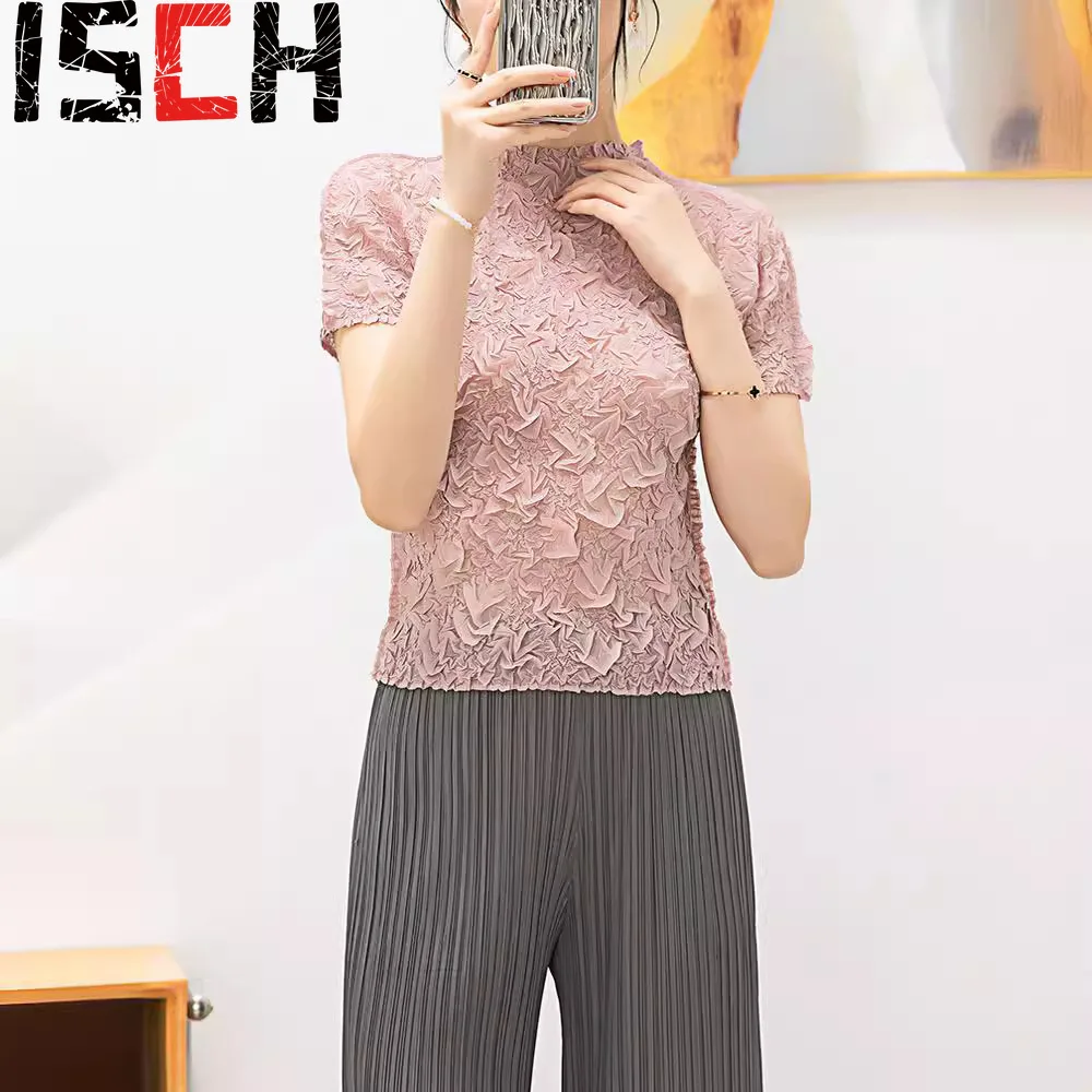 Pleats Pleated Short-sleeved T-shirt Women 2024 New Fashion Temperament Summer Half-high Neck Hand Sprinkled Pullover Tops