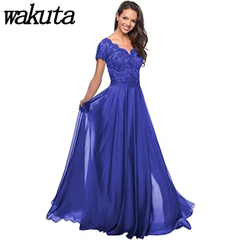 Wakuta Women's V-neck Perspective Lace Gowns 2024 Celebrity Short Sleeve Sexy Long Dress Banquet with Shawl Dress Mother's Dress