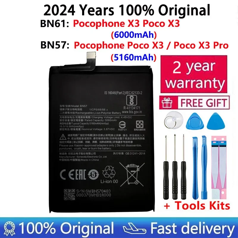 

2024 Years Original BN57 BN61 6000mAh Phone Replacement Battery For Xiaomi Pocophone Poco X3 Poco X3 Pro Batteries Fast Shipping