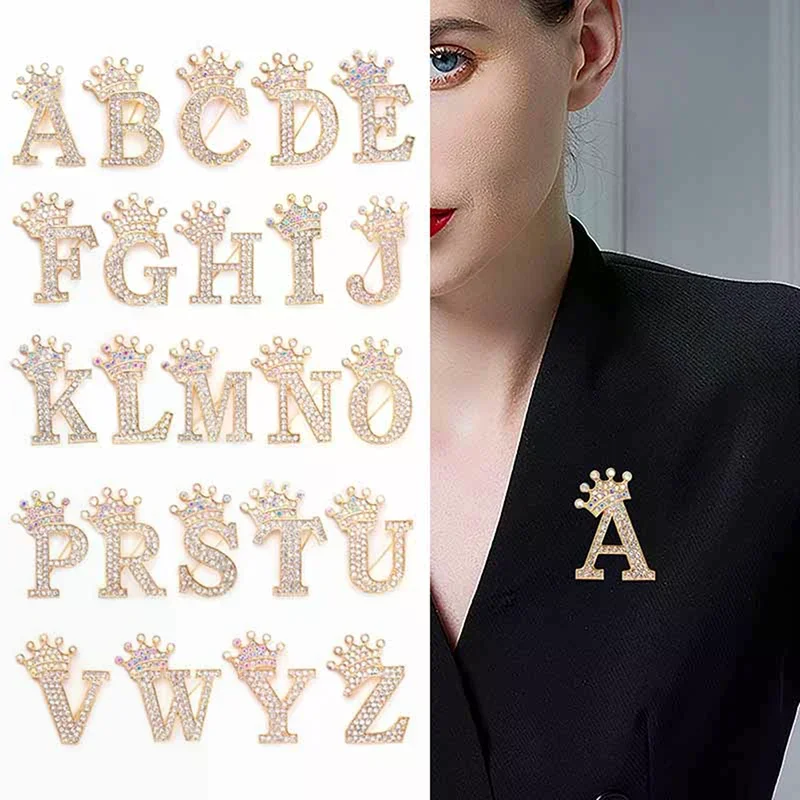 Fashion Crown 26 Initial Letters A to Z Crystal Rhinestone Brooch Pins for Women Wedding Dress Lapel Collar Pin Jewelry