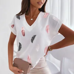 Camisetas 3d de manga corta con cuello en V para mujer, Tops con estampado de plumas, ropa de calle de gran tamaño, moda femenina