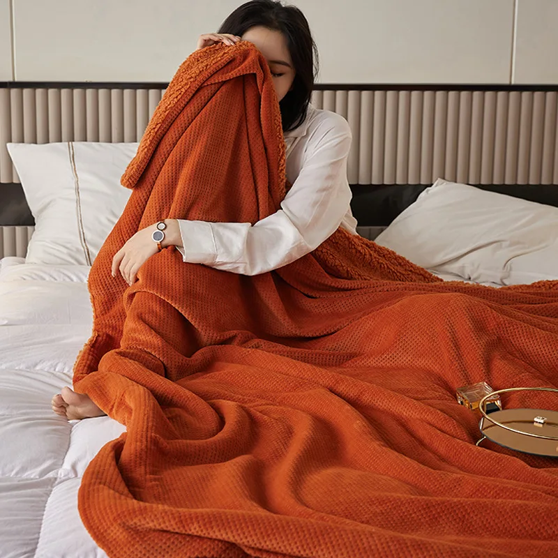 2021 New Warm Waffle Lamb Wool Blanket Double-layer Thickening and Light Luxury Style Coral Fleece Sofa Cover Blanket