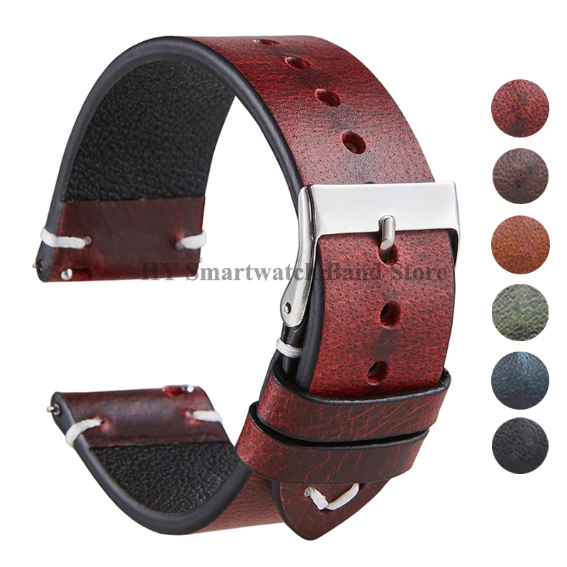 18mm 20mm 22mm Hand Made Retro Red Brown Leather Watch Band Quick Release Calfskin Watch Strap Sport Bracelet Watch Accessories