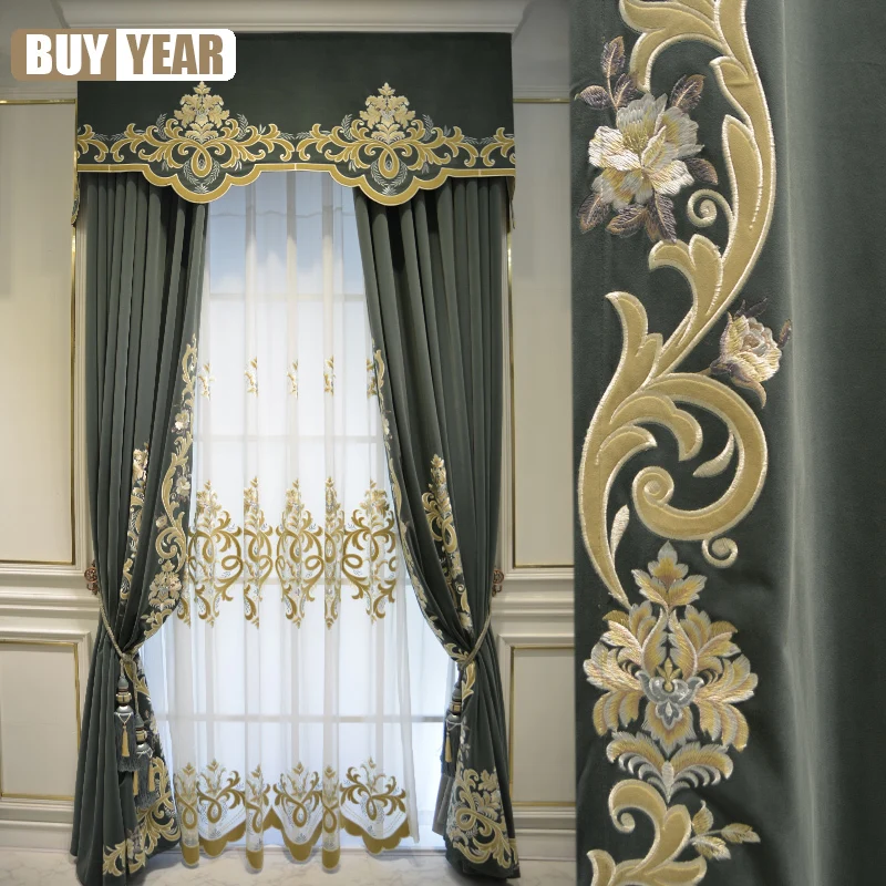 

Luxury European French flannelette embroidery flowers high-end atmosphere curtain For Living Room Bedroom customized curtains