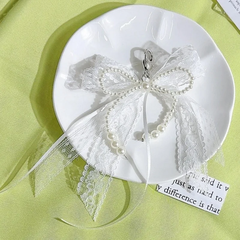 Imitation Pearls Lace Bowknot Keychain Sweet Beaded Pendant Keyring for Women Handbag and Backpack Key Chain Exquisite Ornament