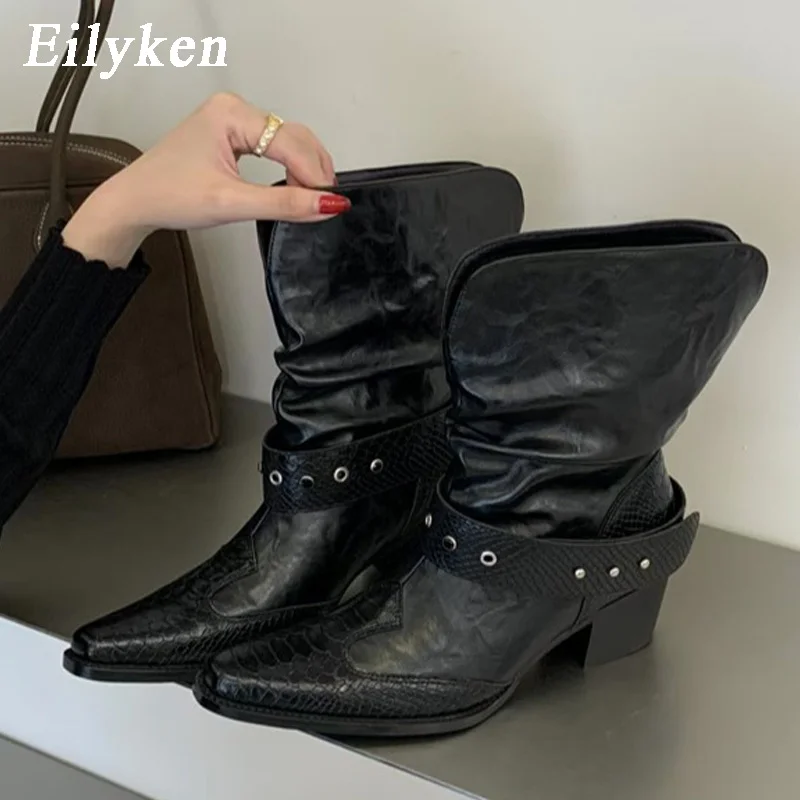 Botines de tacón bajo con diseño de serpiente y punta en pico para mujer, estilo Eilyken, con hebilla de cinturón a la moda