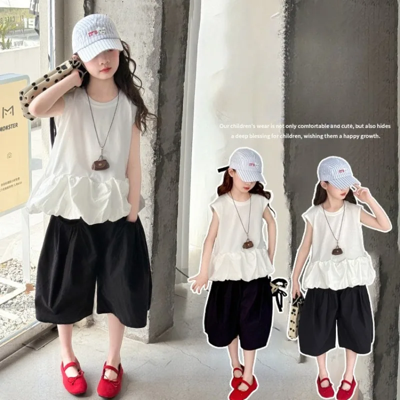

Girls Summer Set Children Sleeveless Blouson Top+Casual Wide-Leg Pants Two-Piece Set 2025 New