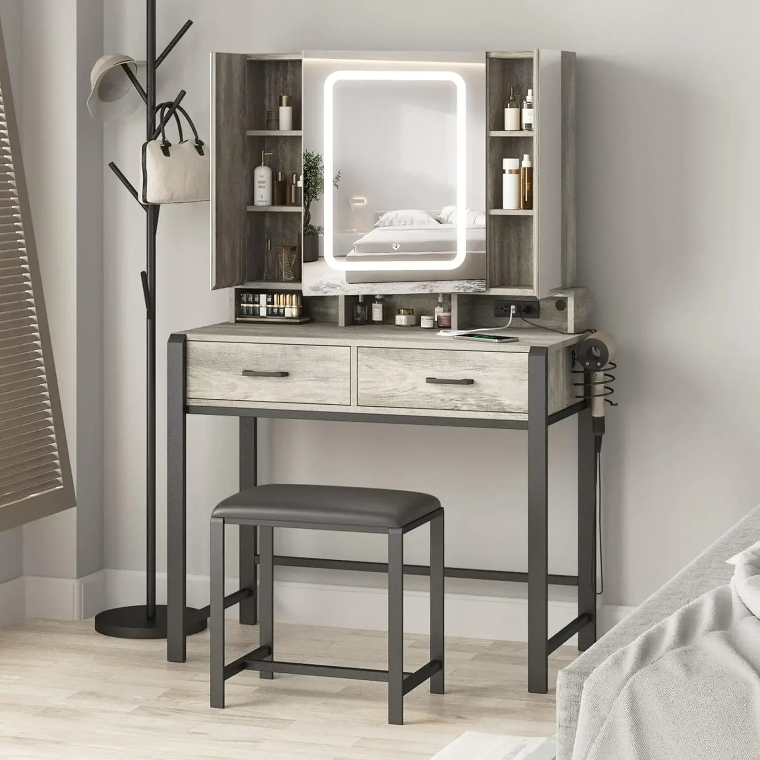 

Fameill Vanity Desk with Lighted Mirror and Power Strip,Tri-Fold Mirror Makeup Vanity Table with Lights,2 Drawers Vanity