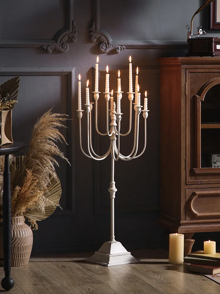 French retro candle holder living room floor ornament wrought iron old court style baroque multi-branch artistic candle holder