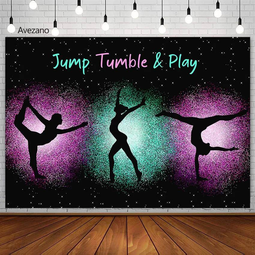 Avezano Jump Tumble and Play Backdrop Girl Gymnastics  Themed Birthday Party Decoration Fluorescent Color Photography Background