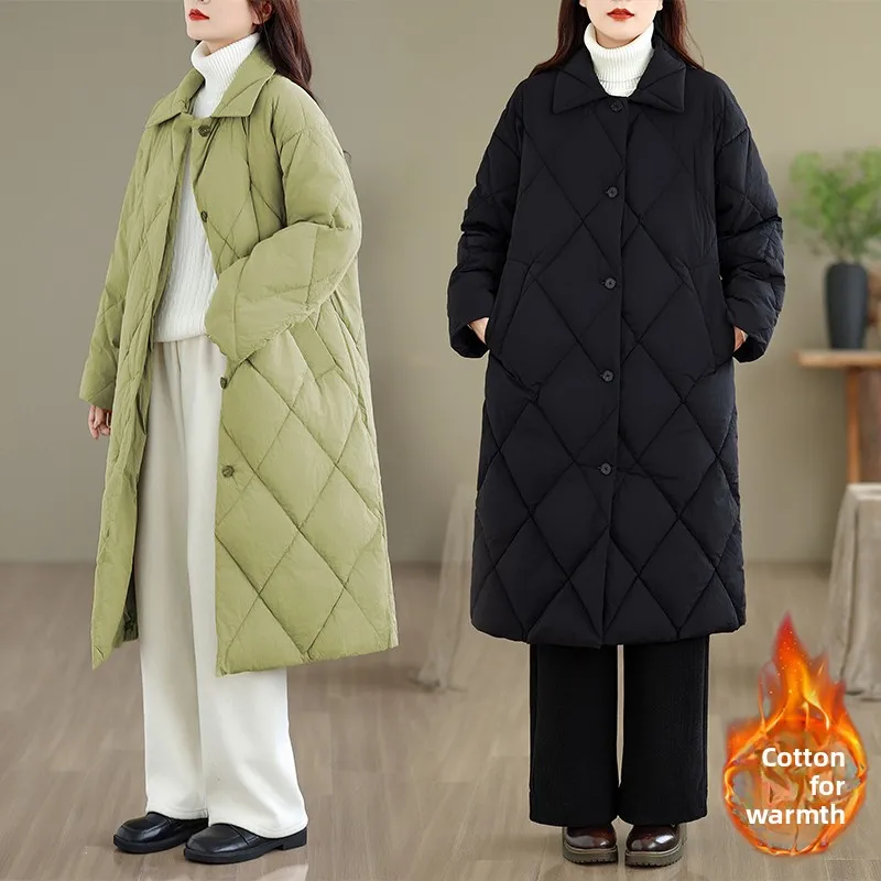 

Women's Long Winter Cotton Jaet Lightweight over Knee Retro Coat Diamond Plaid A-Line Outerwear Thin Sve Long Coat