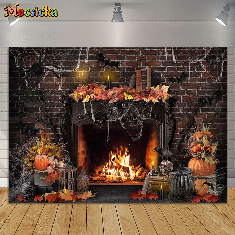 Halloween Photography Backdrops Burning Fireplace Spider Web Fall Maple Leaf Brick Wall Kids Portrait Background Decor Photocall