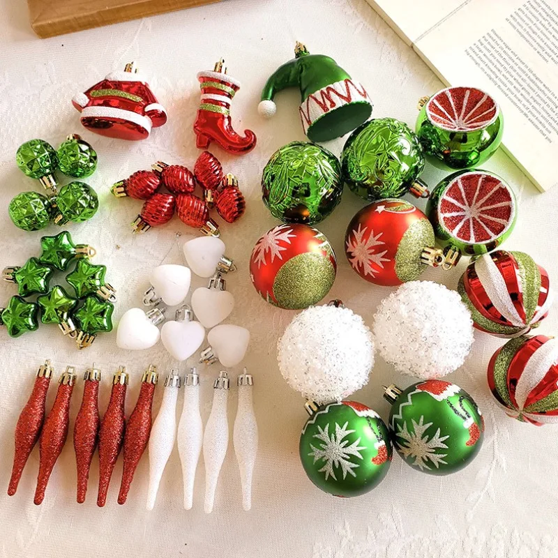 46PCS 4-9CM Assorted Christmas Balls Set in Brown Champagne Red Green/Gold  Santa Hats Hearts Santa Suits Xmas Tree Ornaments