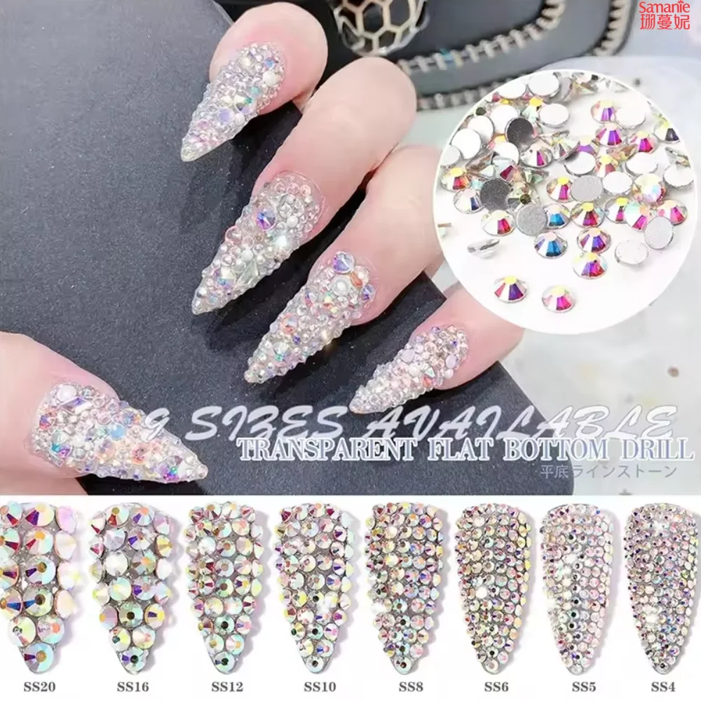 1440Pcs/bag AB/Clear Round Mini Nail Diamond SS3-SS20(1.3-4mm) FlatBack Non-Hotfix Nail Crystal Crystal Clear AB Manicure Glass