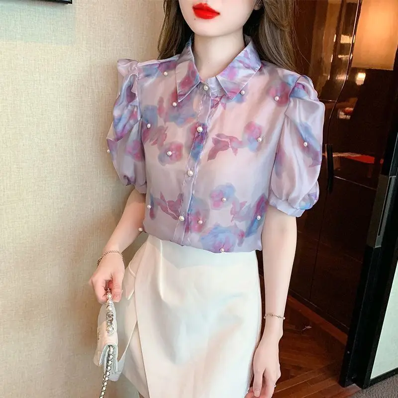 Heavy Craft Beaded Chiffon Blouse Summer New Style Slimming Floral Women's Sweet Top