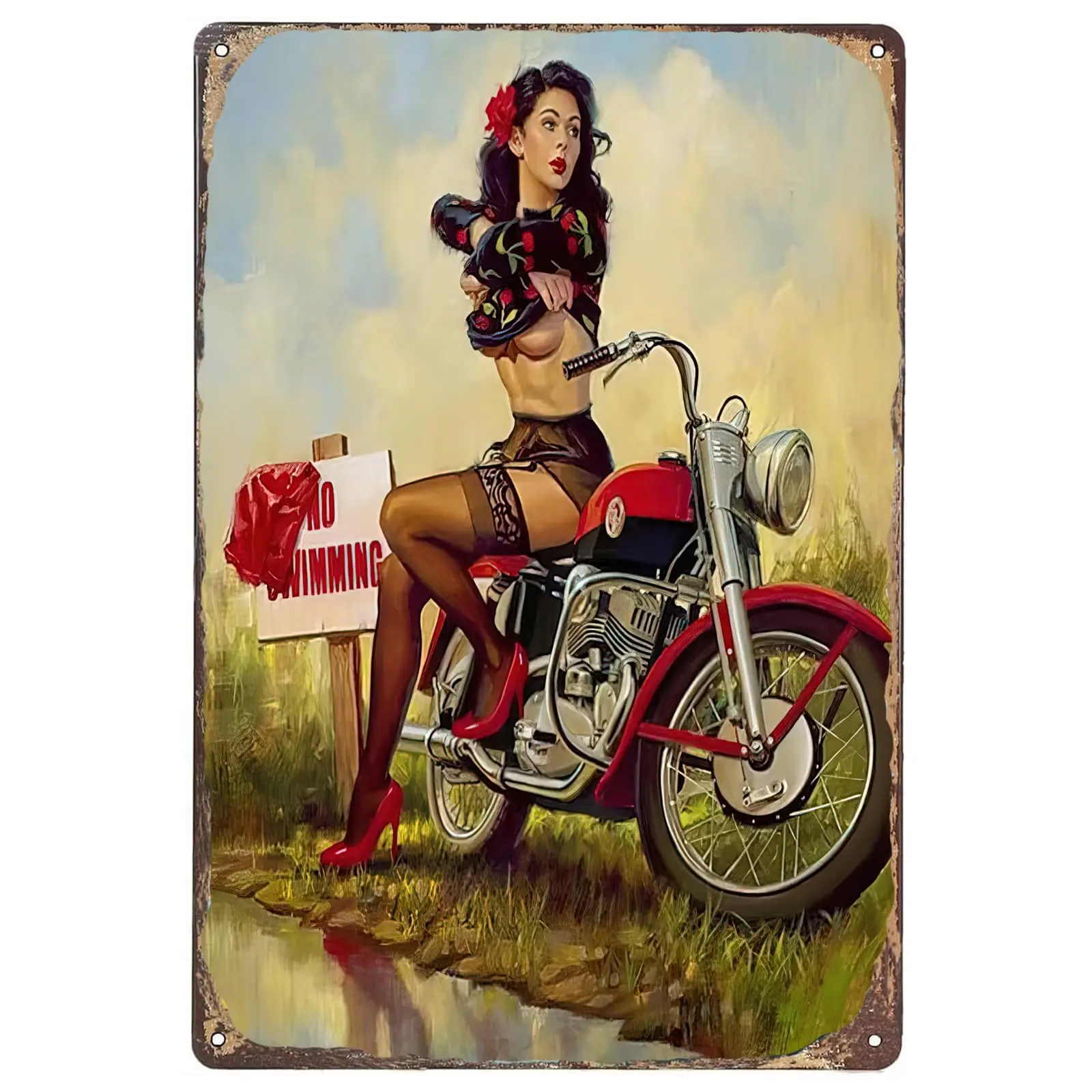 Pin Up Girl Retro Metal Tin Sign Sexy Lady Riding Motorcycle Funny Bathroom Decor Poster for Bar Club Man Cave Living Room Garag