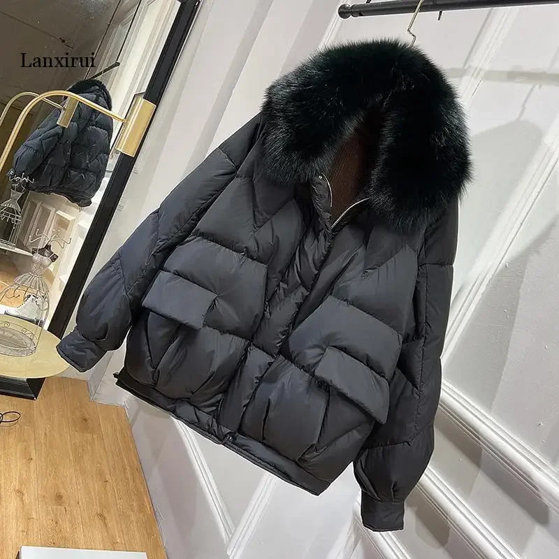 Novas mulheres 90 inverno para baixo jaqueta mulher curto coreano puffer casaco grosso quente feminino real gola de pele de raposa para baixo