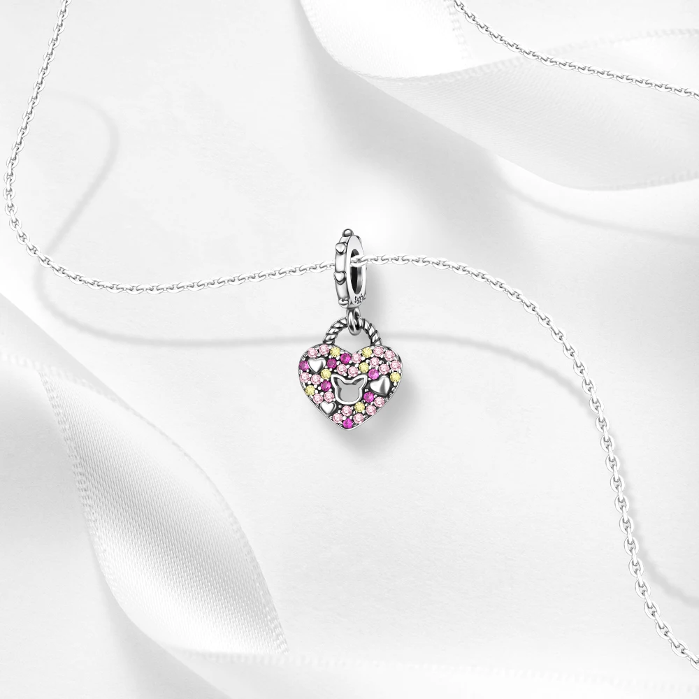 925 فضة الوردي مخرم هريرة الزركون القلب قفل قلادة سحر صالح الأصلي سحر أساور النساء DIY مجوهرات هدية #5