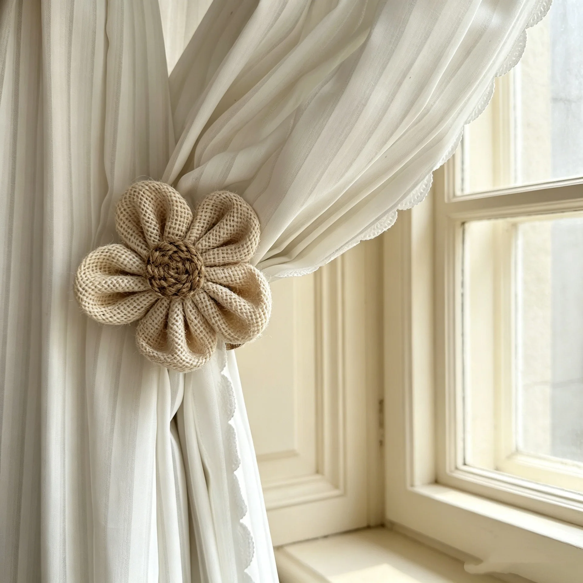 1PC Vintage Rustic Burlap Floral Curtain Fastener Clips, Crochet Flower Curtain Tie Backs for Bedroom Sheer Window Decor