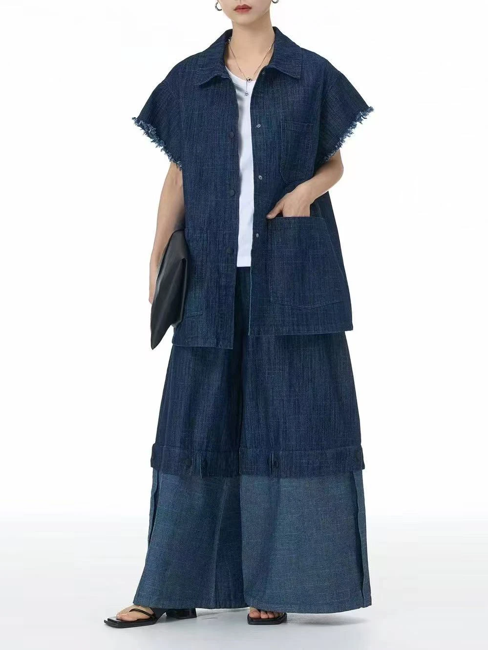 Superaen gola quadrada borda áspera camisa jeans empilhados colete 2025 verão moda feminina estilo colete calça conjuntos