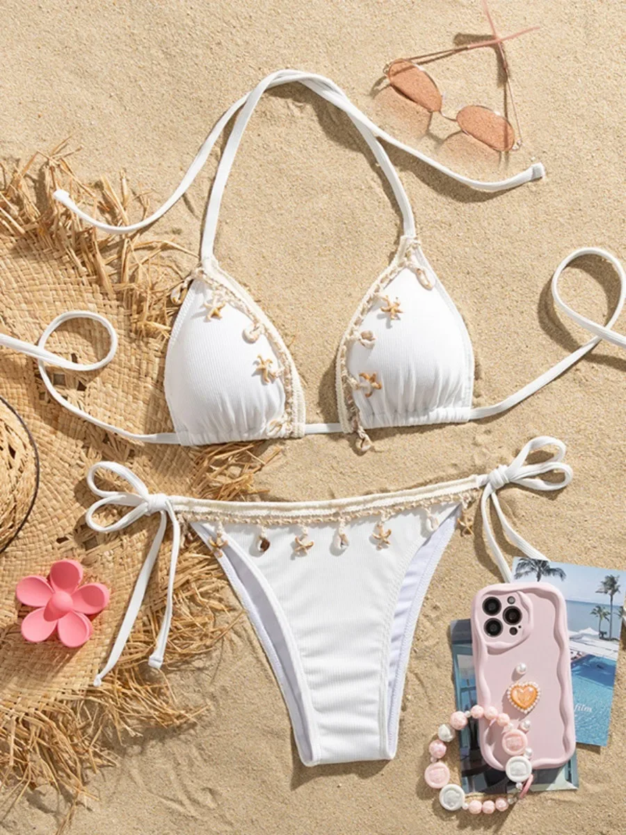 2025 New Solid Color 2 Piece Shell Swimsuit Women's Sexy Lace-up Triangle Halter Backless Swimwear Beach Vacation Bathing Suit